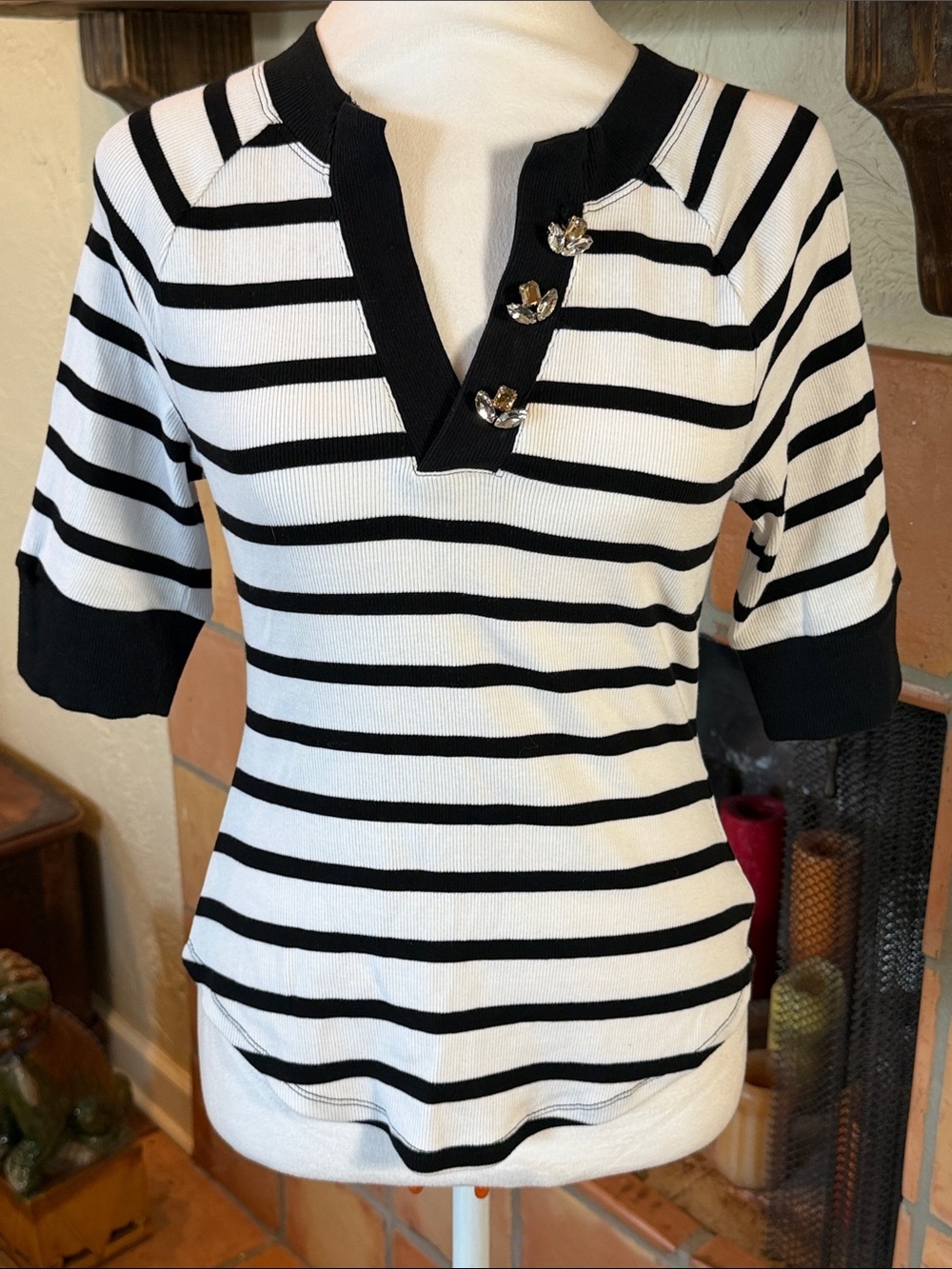 Maeve Half-Sleeve Black and White Striped Henley Embellished Tee, size M